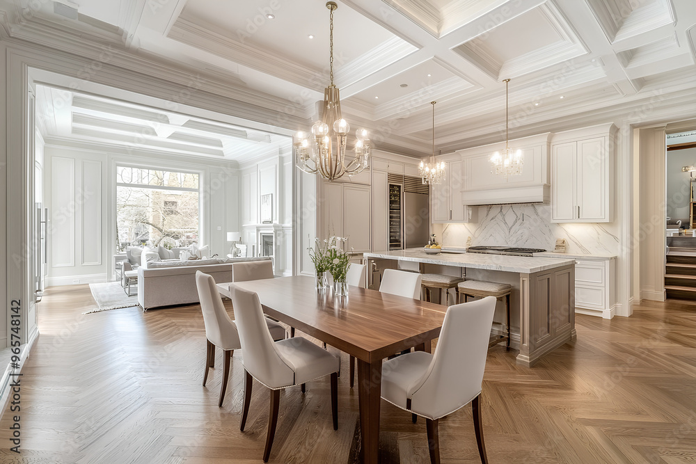 Elegant kitchen and dining area with modern design and natural light. Elegant kitchen and dining area with modern design and natural light.