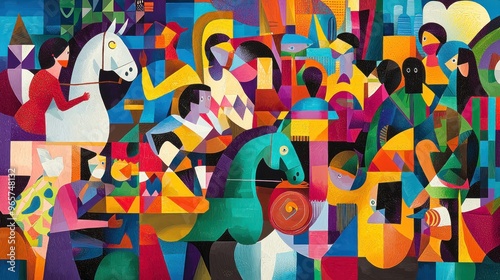 Bright and colourful illustrations of a variety of people, including a man, woman, children and a horse. The figures appear to interact within an abstract environment, with a mix of geometric shapes  photo