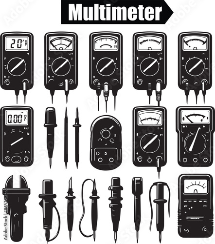 Black and White Vector Illustration of Multimeters: Analog and Digital Electrical Testers for Voltage, Current, and Resistance Measurement