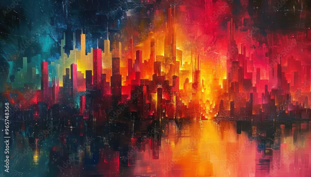 Immerse in the vibrant hues and futuristic skyline of this captivating abstract cityscape Immerse in the vibrant hues and futuristic skyline of this captivating abstract cityscape