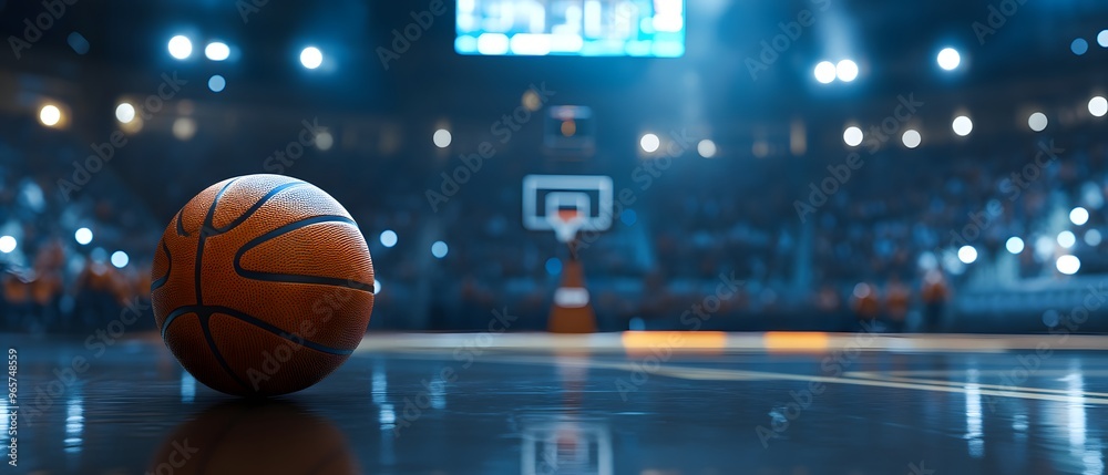Basketball on Court Game Time Stadium Lights Scoreboard Sport Basketball on Court Game Time Stadium Lights Scoreboard Sport