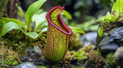 Detailed view of a pitcher plant in a lush, natural environment surrounded by greenery.
