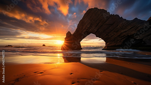 beach at sunset with a rock arch 