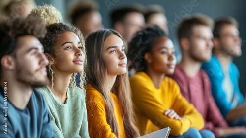 Diverse university students in a classroom attentively listening to an engaging lecture, eager to enhance their knowledge and skills for future career growth