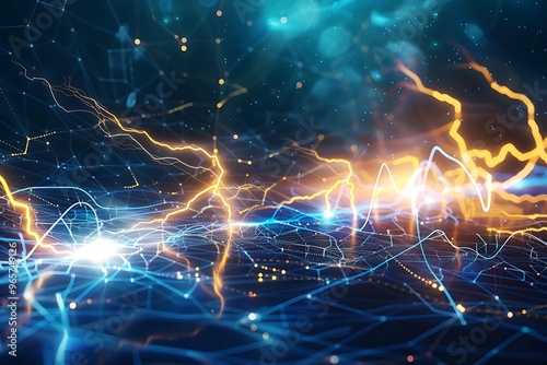 An abstract stocks marketing and technology background with lightning streaks representing global financial networks. The electric currents symbolize dynamic market trends.