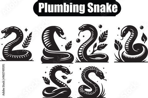 Plumbing Snake Vector Illustration: Black and White Line Art Set of Drain Cleaning Tool Designs with Cobra Snake Motif for Logo or Icon Use