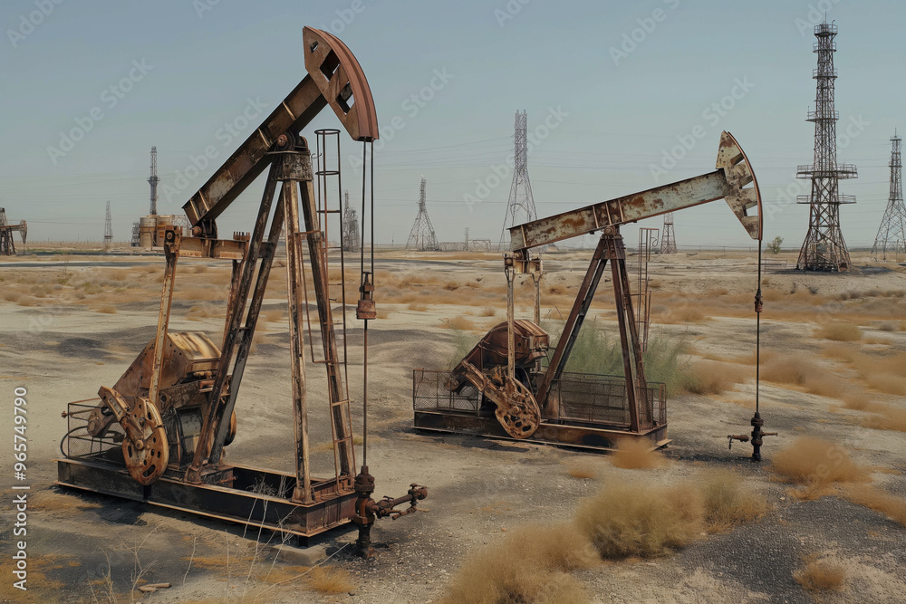 Rusty oil pump jacks extracting crude oil in a desolate desert oilfield, illustrating the concept of energy production and environmental impact Rusty oil pump jacks extracting crude oil in a desolate desert oilfield, illustrating the concept of energy production and environmental impact