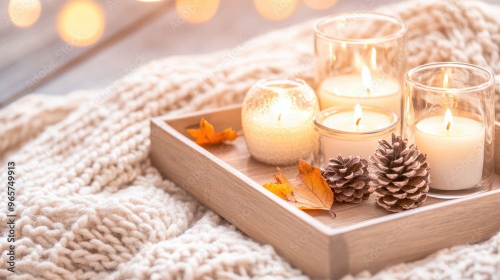 Autumnal candles with pinecones and leaves in a cozy wooden tray, surrounded by warm lights. Perfect for autumn and winter home decor. Autumnal candles with pinecones and leaves in a cozy wooden tray, surrounded by warm lights. Perfect for autumn and winter home decor.