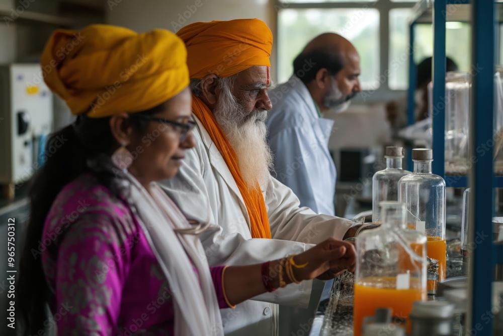 Indian scientists working side by side in a chemical research laboratory, conducting experiments and analyzing data Indian scientists working side by side in a chemical research laboratory, conducting experiments and analyzing data