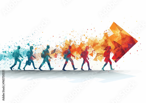 Business Team Collaboration and Success Concept, Colorful Vector Illustration of Professional Team Moving Forward on Red Arrow Symbolizing Growth, Direction, Leadership, and Teamwork