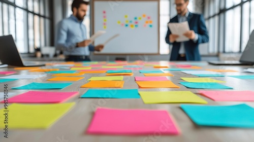 Two businessmen brainstorming with sticky notes on a table in an office.