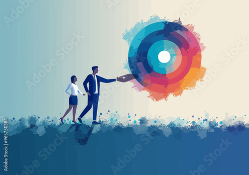 Manager Lifting Co-Worker to Achieve Goal, Minimalistic Vector Illustration of Teamwork Success and Leadership Concept