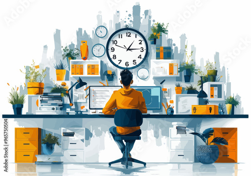 Business Professional Working Efficiently in a Modern Office with Multiple Screens and Clocks Emphasizing Productivity and Time Management