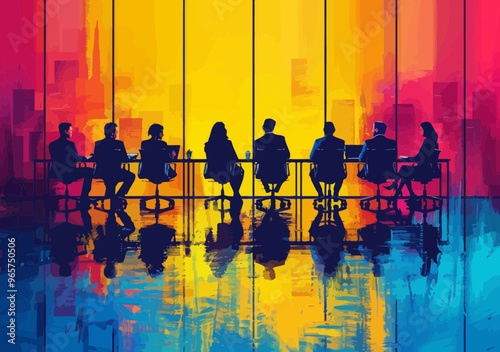 Vibrant Business Meeting Teamwork Concept: Professionals in Office Setting, Evening Discussion, Creative Collaboration, Cityscape Background, Minimalist Vector Art