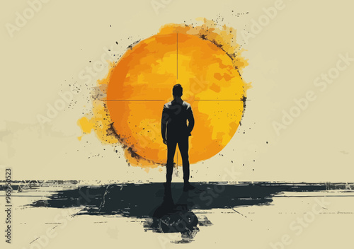Focused Businessman Targeting Goal with Precision - Minimalistic Vector Illustration Depicting Business Strategy and Determination at Sunrise
