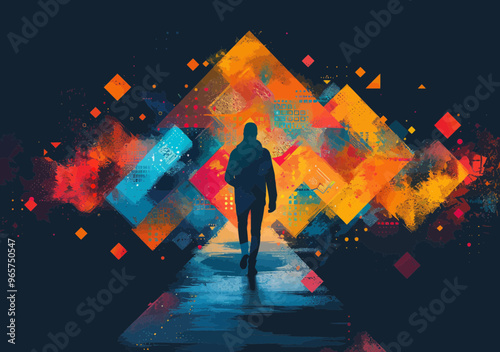 Silhouette of a Businessperson Walking on Path Surrounded by Abstract Geometric Shapes, Symbolizing Direction, Choices, and Future Opportunities