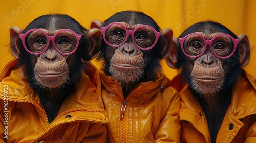 Vibrant Ape Group in Fashionable Outfits: Perfect for Ads, Invitations, and Banners with Copy Text Space