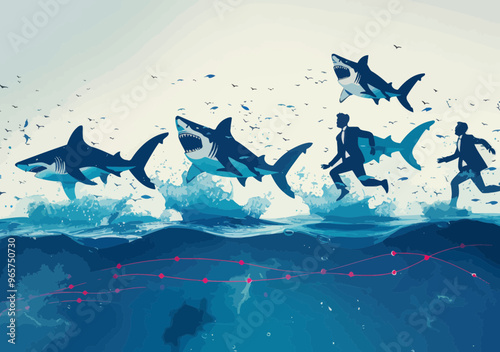 Business Team Navigating Risk Management Concept, Running on Graph Over Water with Floating Sharks, Business Challenges, Minimalistic Vector Illustration