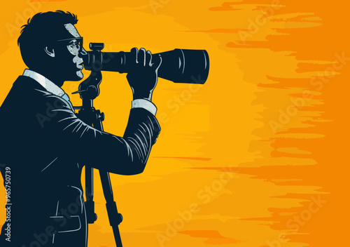 Businessman Searching for Opportunity with Telescope, Minimalistic Vector Illustration, Professional Vision and Ambition Concept, Orange Background, Daytime Business Exploration