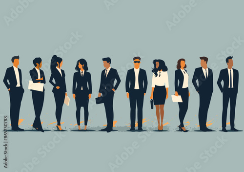 Minimalistic vector illustration of diverse business professionals in formal attire, group of men and women, teamwork concept, modern workplace, corporate setting, flat design, business collaboration