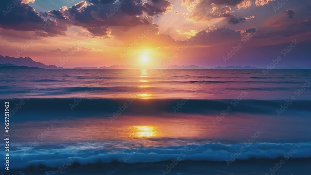 The golden light of the setting sun reflects off gentle waves as they wash onto a quiet beach, creating a peaceful and serene atmosphere. The golden light of the setting sun reflects off gentle waves as they wash onto a quiet beach, creating a peaceful and serene atmosphere.