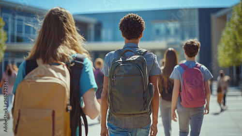 High school students strolling outside their school building on a sunny day