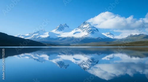 Serene Lake, Majestic Snow-Capped Mountains, and Clear Blue Sky Reflection in Tranquil Water