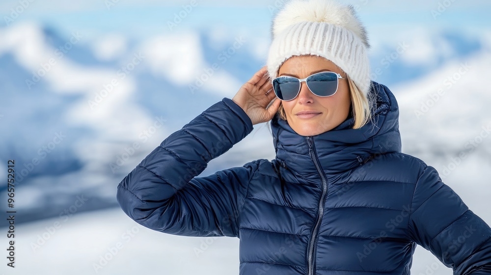 A beautiful woman showcases her winter style with a down jacket and white fur hat, posing against a stunning snowy backdrop, exuding confidence and elegance A beautiful woman showcases her winter style with a down jacket and white fur hat, posing against a stunning snowy backdrop, exuding confidence and elegance
