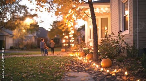 A family decorating their front yard with pumpkins and Halloween lights photo