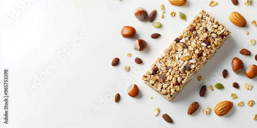 Energy bar with seeds and grains beside scattered nuts