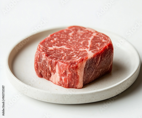 wagyu meat on a white plate, white background