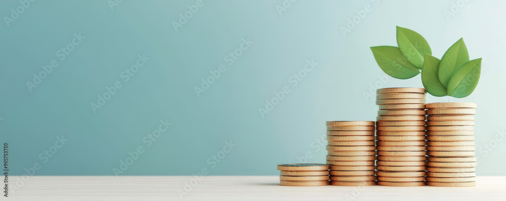 A stack of coins with green leaves symbolizing financial growth and sustainability in a minimalist setting.