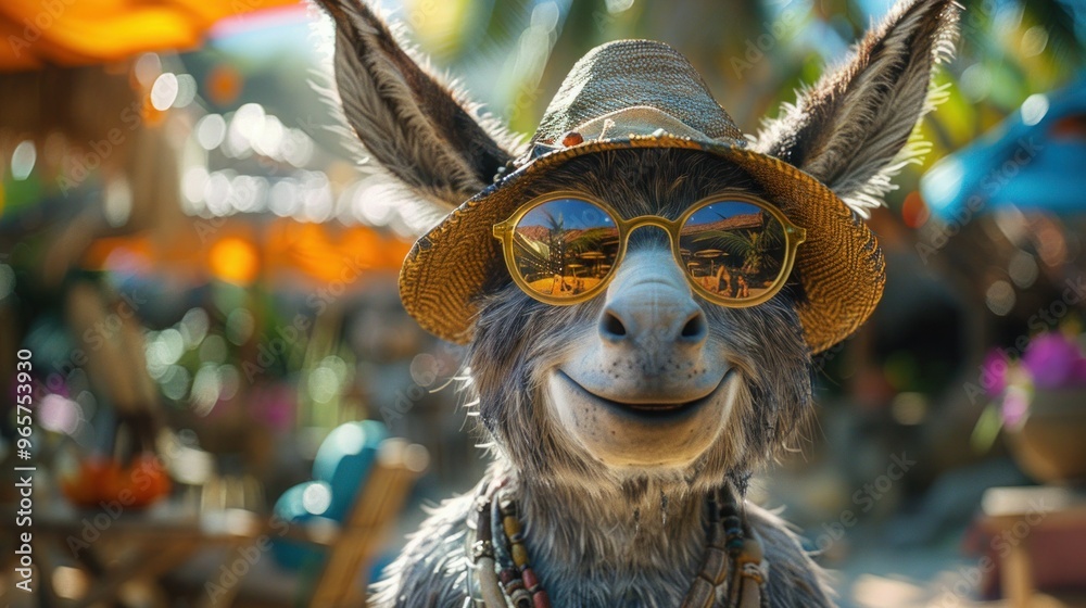 Obraz premium Merry Donkey in Sunglasses and Hat Strolling Along Seaside with Palm Trees