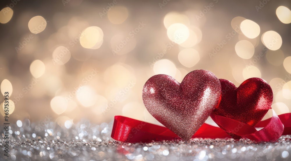 Intertwined Red Ribbon Hearts on Silver Surface with Bokeh for Valentines Day