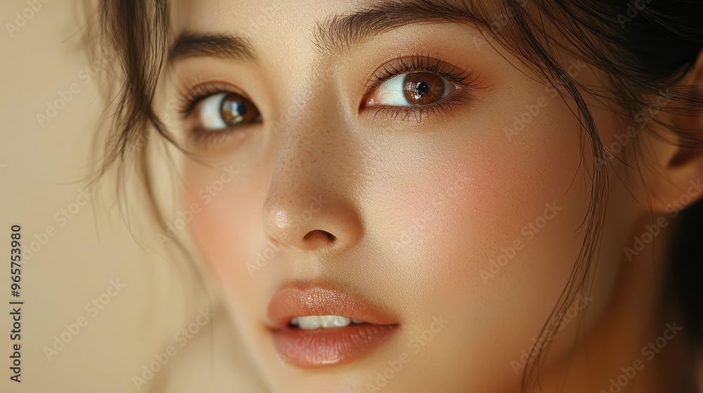 Serene Asian Woman Massaging Skin for Radiant Complexion on Brown Background Serene Asian Woman Massaging Skin for Radiant Complexion on Brown Background
