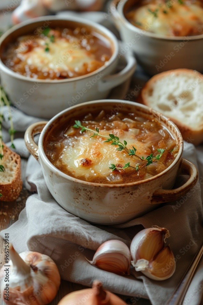 Delectable French Onion Soup in Ceramic Bowl Topped with Melted Cheese and Fresh Herbs Delectable French Onion Soup in Ceramic Bowl Topped with Melted Cheese and Fresh Herbs