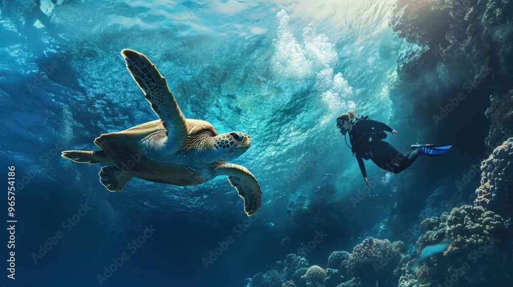 Fototapeta premium A large sea turtle and a diver in deep sea