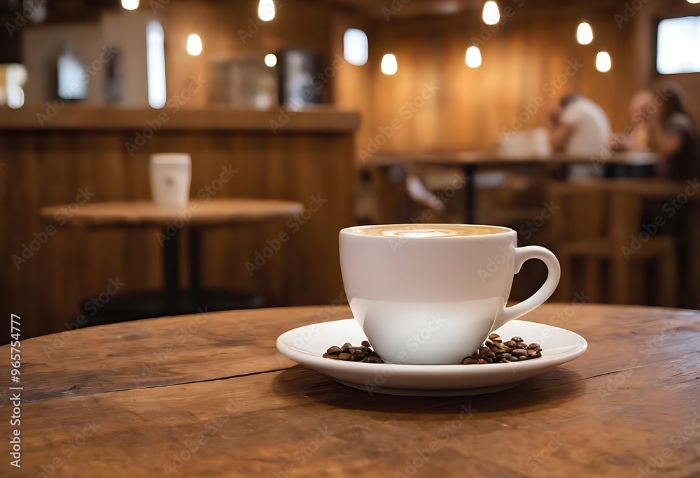 White Coffee Cup on Rustic Wooden Table in Modern Café White Coffee Cup on Rustic Wooden Table in Modern Café