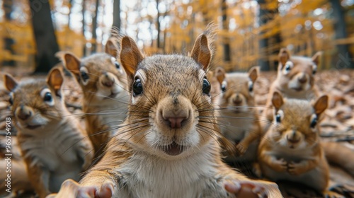 Selfie Squad: A Group of Playful Squirrels Captured in a Candid Moment photo
