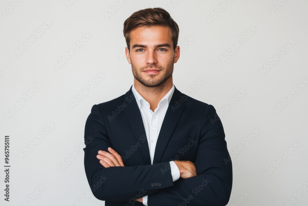 Handsome businessman in suit looking at camera and arms crossed on white background Handsome businessman in suit looking at camera and arms crossed on white background