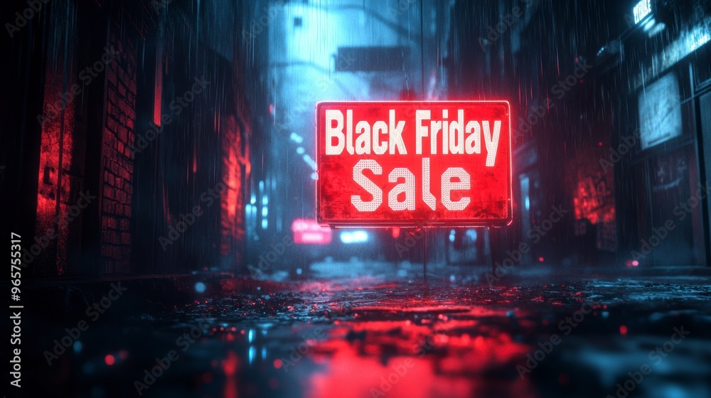 Black friday sale neon sign hanging in rainy city street Black friday sale neon sign hanging in rainy city street