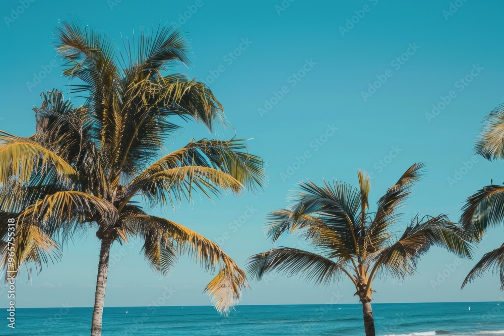 Palm trees and blue ocean under a clear sky. Tropical beach scenery. Palm trees and blue ocean under a clear sky. Tropical beach scenery.