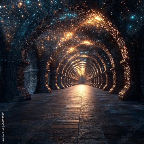 A long, stone hallway with arches, illuminated by a starry night sky, creating an ethereal atmosphere.