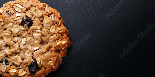 Close-up of an oatmeal cookie showing its texture and ingredients photo