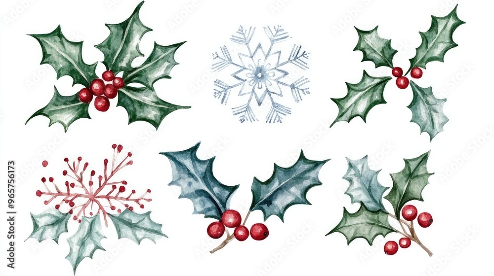 Snowflakes and holly leaves, Christmas theme, watercolor style, isolated on white background