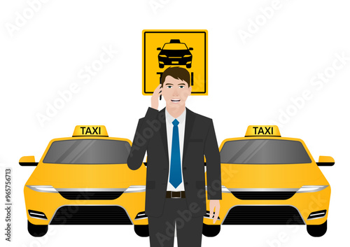 Taxi Service. Man Using Smartphone to Call Taxi. Vector Illustration.