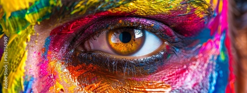 Vibrant close-up of an eye covered in colorful paint