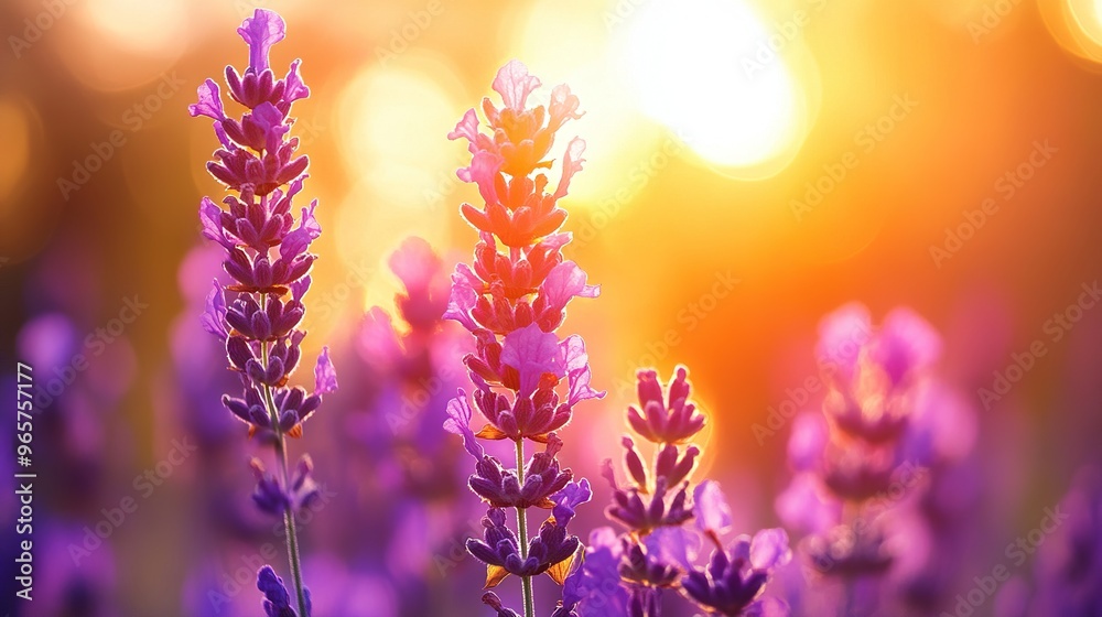 Closeup of lavender blooming in warm golden sunset with vibrant purple hues Closeup of lavender blooming in warm golden sunset with vibrant purple hues