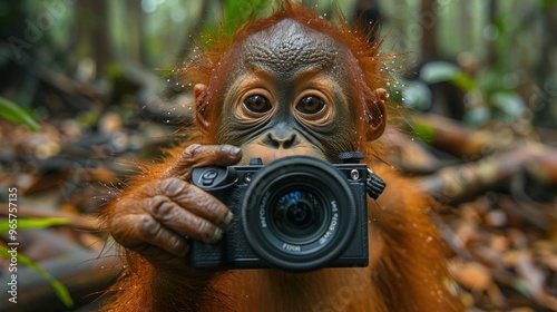 Orangutan Monkey with Camera Technology Taking a Selfie photo