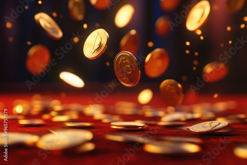 Golden Coins Falling Against Red Background - Wealth, Luck, and Prosperity Concept for Financial Graphics and Design photo